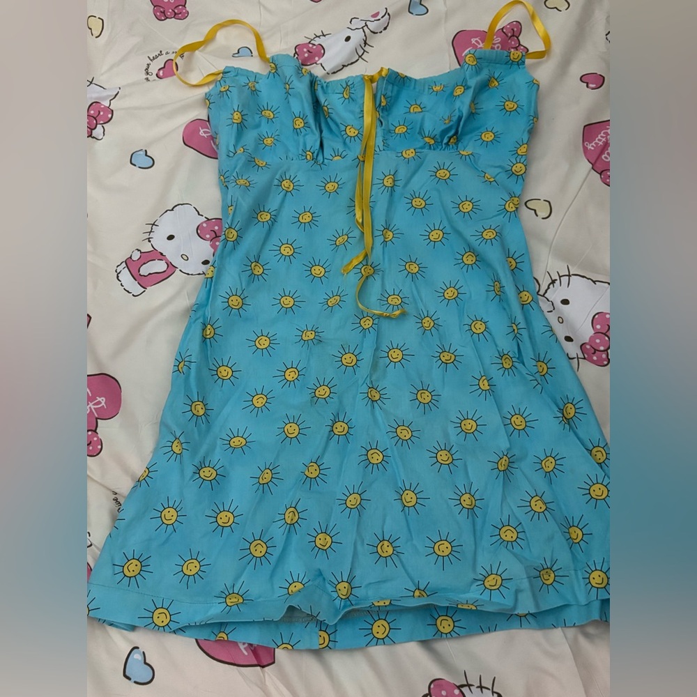 Blue Sun Print Dress with Yellow Accents